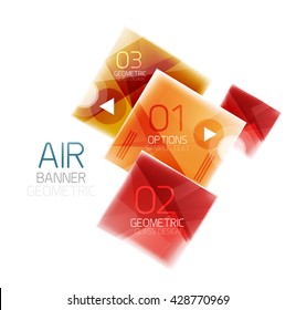 Glass square web box, infographics banner. Business air light glossy design template with buttons and option text