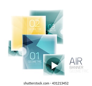 Glass square web box, infographics banner. Business air light glossy design template with buttons and option text