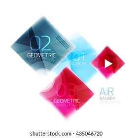 Cuadro web cuadrado de vidrio, banner de infografía. Plantilla de diseño brillante de luz de aire de negocios con botones y texto de opción