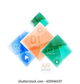 Cuadro web cuadrado de vidrio, banner de infografía. Plantilla de diseño brillante de luz de aire de negocios con botones y texto de opción