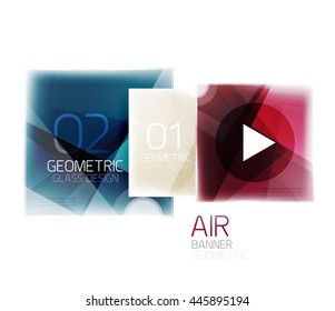 Glass square web box, infographics banner. Business air light glossy design template with buttons and option text