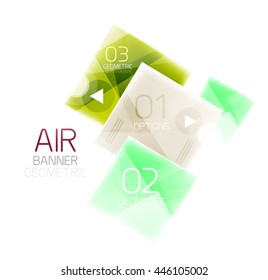 Cuadro web cuadrado de vidrio, banner de infografía. Plantilla de diseño brillante de luz de aire de negocios con botones y texto de opción