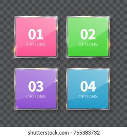 Glass squares numbers set isolated on gray background. Realistic vector illustration for infograpic, layout, diagram, number options, web design.