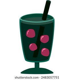 glass with stand, black straw, pink boba, soft drink, iced drink, flat design