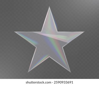Glass star with transparent, reflective surface and iridescent light effects on a checkered background.