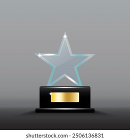 Trofeo estrella de cristal. Elegante diseño de cristal. Base negra con placa de oro. Premio de Vector brillante.