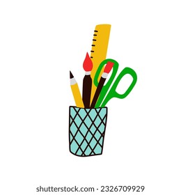 Glass with stationery. Office supply school Office and education equipment Vector illustration flat style