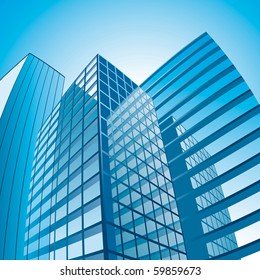 Glass and Steel Skyscrapers with Reflections under Sunlight. Fish-eyed Perspective. Vector Illustration