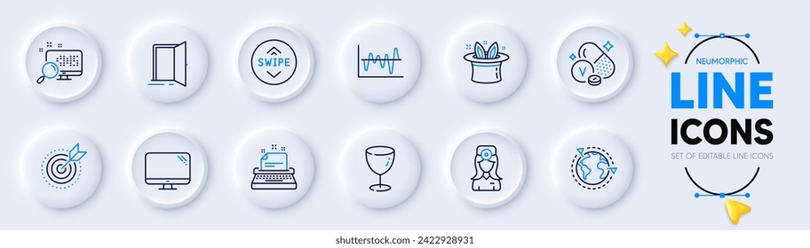 Glass, Stock analysis e íconos de la línea de puertas abiertas para la aplicación web. Paquete de búsqueda, Typewriter, íconos del pictograma de destino. Computadora, Hat-trick, signos minerales de Vanadium. Suba, Subcontratación. Vector