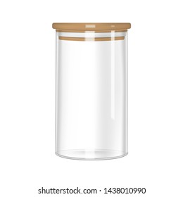 Glass Storage Jar With Airtight Seal Bamboo Lid, Vector Mock-up. Clear Empty Food Container, Realistic Illustration.