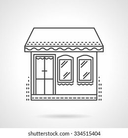 Glass store facade with two windows and awning. Commercial buildings. Flat line style vector icon. Single web design element for site or mobile app.