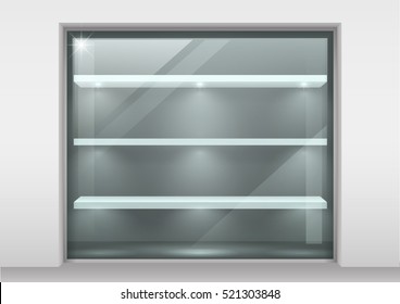 Glass storefront with shelves for products. Glass with transparency effect. Vector graphics