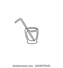Glass with straw, emblem or logo design, continuous line drawing, neon, tattoo, print for clothes, t-shirt, one single line on a white background, isolated vector illustration.