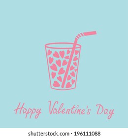 Glass with straw and hearts inside. Pink and blue. Card. Vector illustration