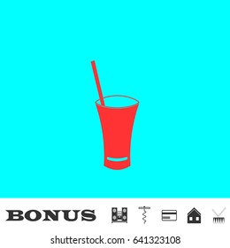 Glass with straw icon flat. Red pictogram on blue background. Vector illustration symbol and bonus buttons Music center, corkscrew, credit card, house, drum
