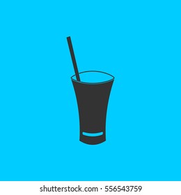 Glass with straw icon flat. Simple vector black pictogram on blue background