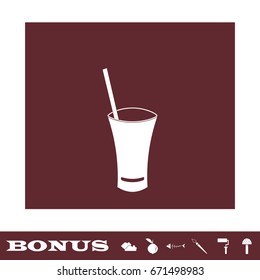 Glass with straw icon flat. White pictogram on brown background. Vector illustration symbol and bonus icons