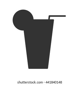 Glass with straw and lemon silhouette isolated black on white. Cocktail symbol.