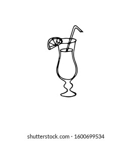 Glass with straw, lemon slice hand drawn sketch icon. Monochrome drink design element stock vector illustration for web, for print