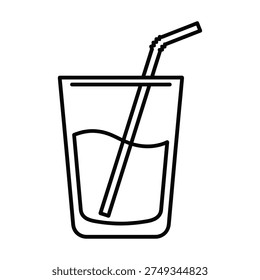Glass with straw and liquid inside simple line drawing icon