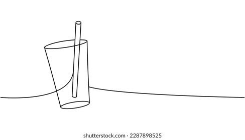 Glass with a straw one line continuous drawing. Empty glass or plastic bottle continuous one line illustration. Vector linear illustration.