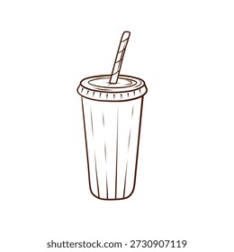 Un vaso con una pajita en estilo de contorno. Ilustración vectorial en un estilo de línea simple. Imagen de una bebida desechable aislada sobre un fondo blanco. Adecuado para menús, envases, comida rápida, cafeterías, restaurantes, proyectos culinarios, logotipos y Elementos decorativos.