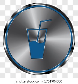 Glass with straw simple icon vector on metal round button. Transparent grid