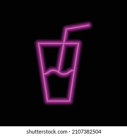 Glass with straw simple icon vector. Flat desing. Purple neon on black background.ai