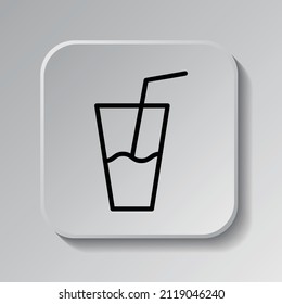 Glas mit Strohhalm einfache Symbol Vektorgrafik. Flaches Design. Schwarzes Symbol auf der quadratischen Schaltfläche mit Schatten. Grauer Hintergrund.ai