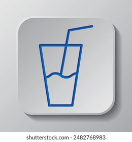 Glass with straw simple icon vector. Flat design. Paper cut design. Cutted blue symbol with shadow. Gray badge button, gray background.ai