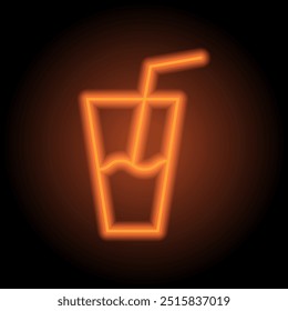 Glass with straw simple icon vector. Flat design. Orange neon on black background.ai