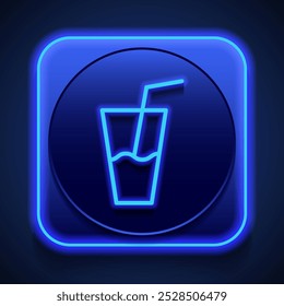 Glass with straw simple icon vector. Flat design. Blue neon style on button. With shadow.ai