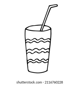 Vidrio con ilustración vectorial de paja, doodle de dibujo manual