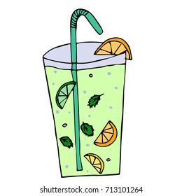 a glass of with a straw vector illustration. mug of lemonade with ice and a slice of lemon. a sketch of lemonade in a glass, drawing cup of lemonade, homemade lemonade, vector illustration.