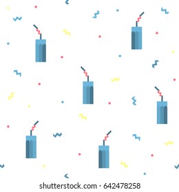 Glass with straw and zigzag confetti seamless pattern. Geometric summer colorful background. Vector flat illustration. Isolated elements on white background