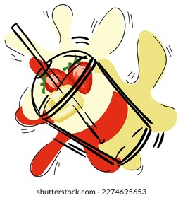 A glass with a strawberry and banana puff milk smoothie with a straw for drinks on a white background. A cup with a background of spots in the color of fruit. Illustration for printing on the menu