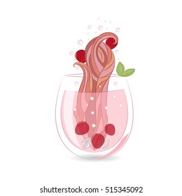 Glass of strawberry bright drink with drops, ice and berries on the white background.