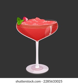 A glass of strawberry daiquiri cocktail with strawberries and mint leaves on a dark background. Vector illustration of summer alcoholic drink EPS10