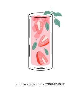 Glass of strawberry gin smash. Summer cocktail isolated on white background. Alcoholic drink with ice cubes, strawberries and mint. Cocktail for menu, bar. Vector illustration