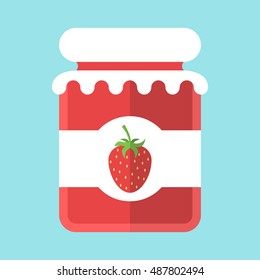 Glass strawberry jam jar isolated on blue background. Flat design. Vector illustration. EPS 8, no transparency