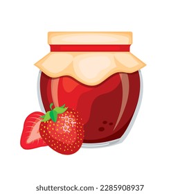 Glass of strawberry jam vector illustration. Strawberry jam jar with fresh strawberries icon vector isolated on a white background