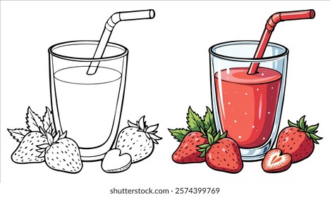 A Glass of Strawberry Juice Line Art Vector Illustration Black and White with Coloring Sample. Bold and Easy Food, Fruits, Sweets, Drinks, Dessert, and Snacks Coloring Pages for Adults and Kids