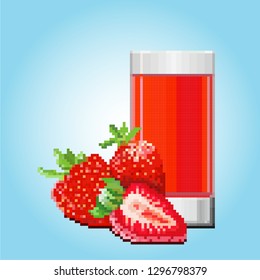 A glass of strawberry juice, two whole berries and one half. Pixel art on a light blue gradient background.