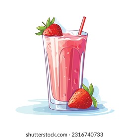 glass of strawberry juice vector 2d flat color 