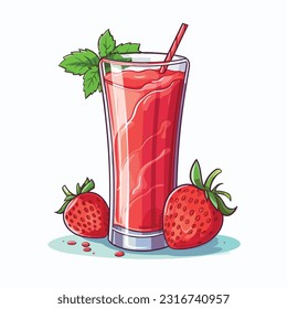 glass of strawberry juice vector 2d flat color 