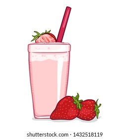 Glass of Strawberry Milk Shake. Vector Cartoon Illustration