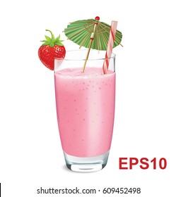 Glass of strawberry smoothie or milkshake and fresh strawberries, umbrella, tube. 
Vector illustration