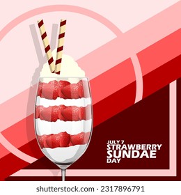 A glass of strawberry sundae with cream topping and chocolate wafer roll on red gradation line background to celebrate National Strawberry Sundae Day on July 7