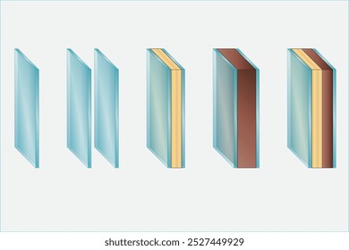 Vidrio. Vidrio y poliestireno. Física pregunta de cristal. Muro del edificio. Vidrio idéntico, metal, lámina de espuma de poliestireno. Conducción de calor. Matemáticas, geometría, física, ciencia.