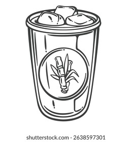 Glass of sugar cane juice with ice cubes and bamboo logo, drawn in classic outline engraving style. Outline vector illustration for beverage labels, menus, or street food packaging.